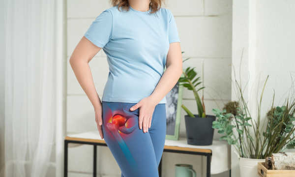 Ból stawów biodrowych, kobieta cierpiąca na chorobę zwyrodnieniową stawów Ból stawów biodrowych, kobieta cierpiąca na chorobę zwyrodnieniową stawów